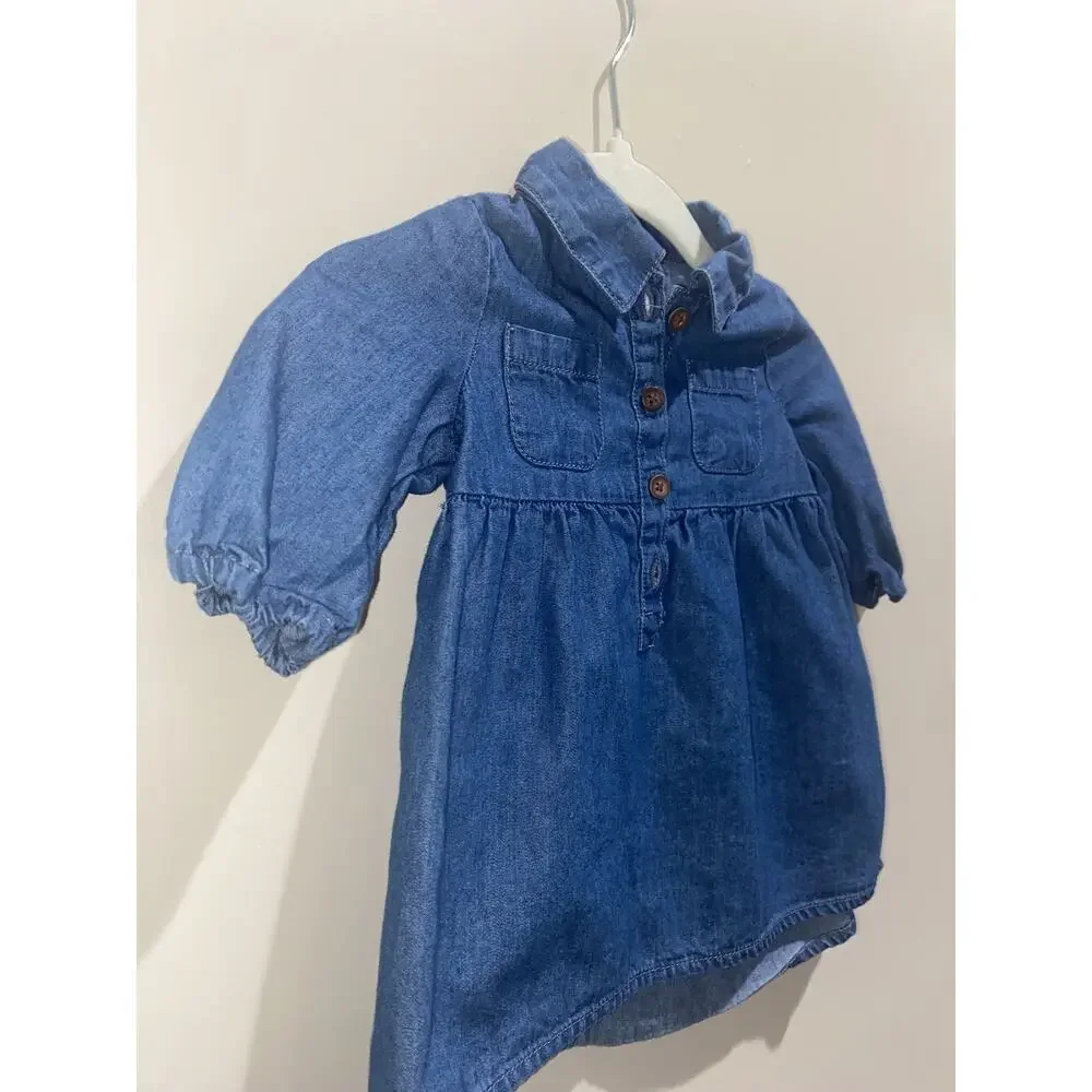 OLD NAVY 0-3 Months Baby Girl Jean Denim Shirt Dress Pockets Faux Waist Tie